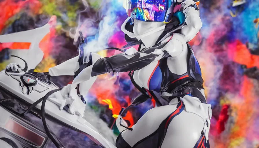 Image similar to extremely beautiful photo of a white marble statue of an anime girl with colorful motocross logos and motorcycle helmet with closed visor, colorful smoke in the background, carved marble statue, fine art, neon genesis evangelion, virgil abloh, offwhite, denoise, highly detailed, 8 k, hyperreal