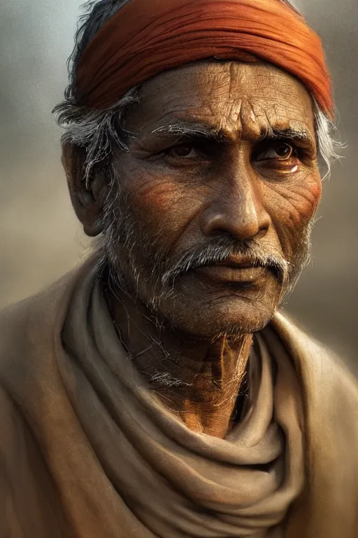 Image similar to hindu citizen, close - up portrait, poor, intricate, elegant, volumetric lighting, scenery, digital painting, highly detailed, artstation, sharp focus, illustration, concept art, ruan jia, steve mccurry