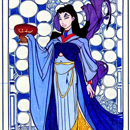 Prompt: art nouveau drawing of Princess Azula holding a blue flame in her hands