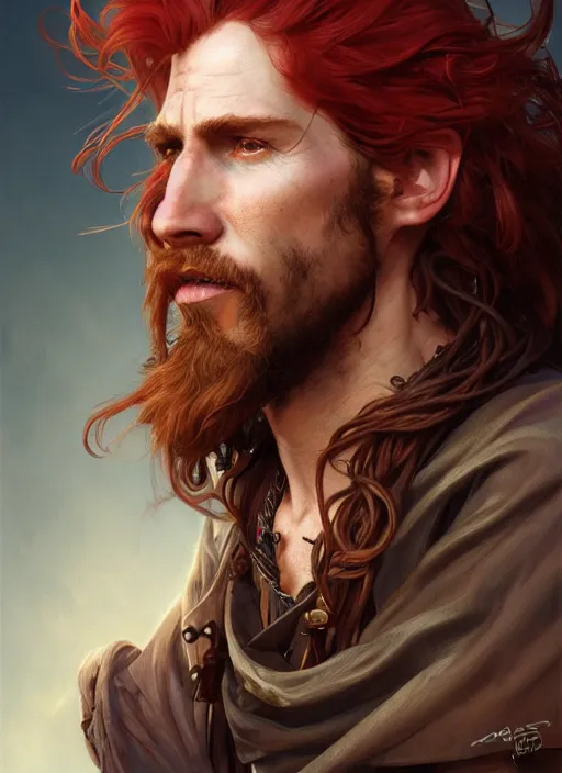 Image similar to portrait of a young ruggedly handsome but joyful pirate, male, masculine, upper body, red hair, long hair, d & d, fantasy, piercing eyes, intricate, elegant, highly detailed, digital painting, artstation, concept art, matte, sharp focus, illustration, art by artgerm and greg rutkowski and alphonse mucha