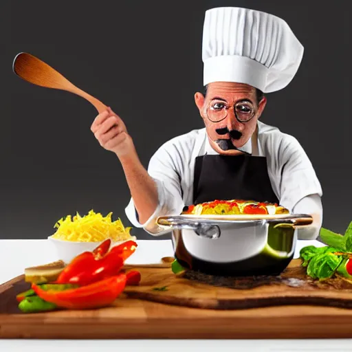 Prompt: italian chef with black mustache cooking food oil painting high quality highly detailed photo realistic 8 k octane render blender