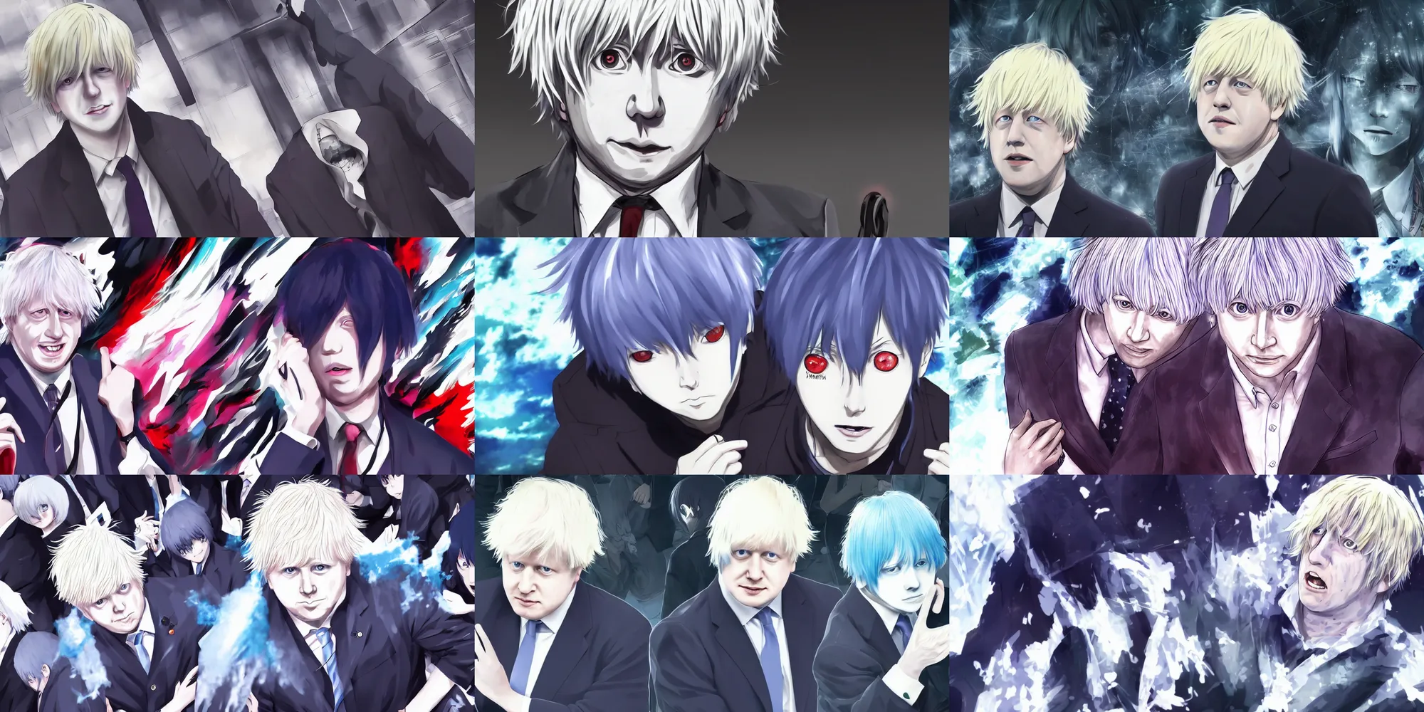 Prompt: boris johnson in tokyo ghoul anime, 4 k, hyper realistic, anime style, illustration