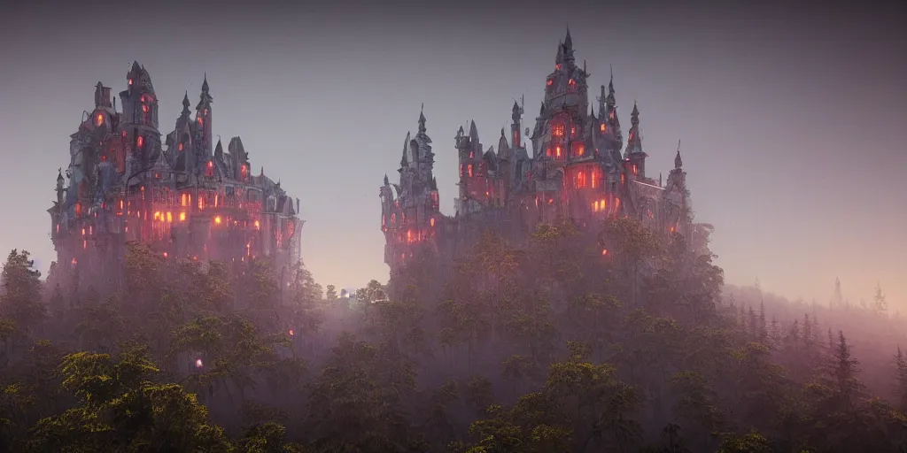 Prompt: a highly detailed photo of a alien castle surrounded by a mist shot during twilight on 3 0 mm film painted by alena aenami, rendered in unreal engine