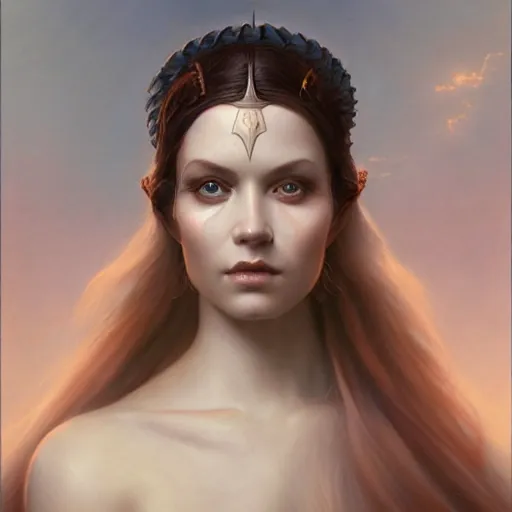 Prompt: a beautiful portrait of a celestial goddess by Jim Burns and Tom Bagshaw, Trending on Artstation, hands: -1