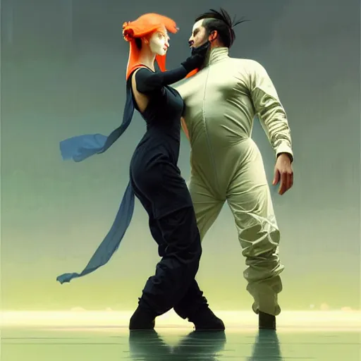 Prompt: character concept portrait of a man in a hazmat suit and voluminous woman in shirt and overalls both dancing, intricate, elegant, digital painting, concept art, smooth, sharp focus, illustration, from metal gear, by ruan jia and mandy jurgens and william - adolphe bouguereau, artgerm