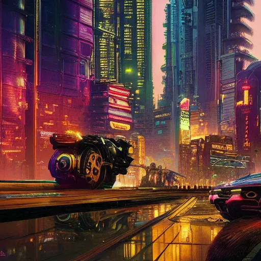 Image similar to cyberpunk 2 0 7 7 night city, highly detailed art, by james c christensen,