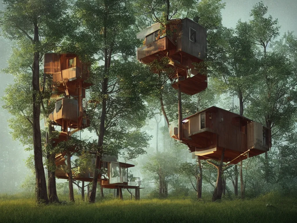 Image similar to “A mid-century stahl tree house by Pierre Koenig, trending on artstation, octane render, cgsociety, digital art”