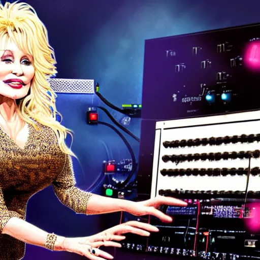 Image similar to picture of dolly parton playing modular synth with lots of wires, ultra realism, detailed, 8 k