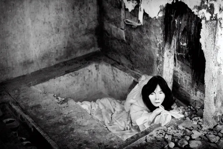 Prompt: vintage photo of a woman with long black hair wearing long white clothes crawling out of a well, eerie, japanese horror, highly detailed shot, dramatic 8 k uhd