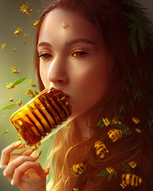 Image similar to beautiful marijuana as honey, made of honey, wearing honey - themed miniskirt, award winning creature portrait photography, extremely detailed, artstation, 8 k, sensual lighting, incredible art, wlop, artgerm, backlit, rim lighting, hi - fructose