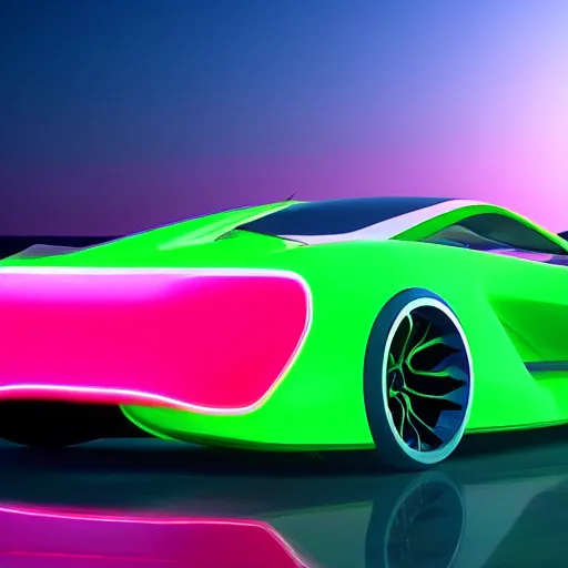 Prompt: neon synthwave f 1 2 2 concept car, at sunset, 8 k. filling most of the view