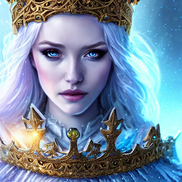 Image similar to beautiful cryromancer ice queen with ornate cloak and crown, highly detailed, 4 k, hdr, smooth, sharp focus, high resolution, award - winning photo, artgerm, photorealistic