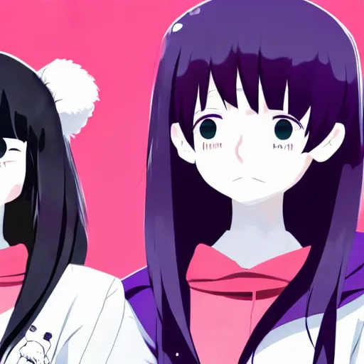 Image similar to two girls, a girl with short white hair and polar bear ears wearing an open black coat, another girl with long black hair wearinga purple hoodie with red eyes, anime key visual art, anime artystyle