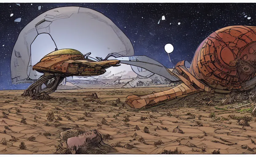 Image similar to very detailed, prophet graphic novel, simon roy, illustration of a giant crashed space ship on a desert planet, wide shot