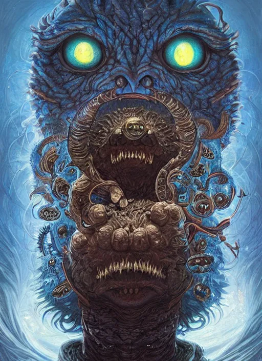 Image similar to cookie monster glowing eyes, shamanic poster lsd art, intricate, elegant, highly detailed, centered, digital painting, artstation, concept art, smooth, sharp focus, illustration, artgerm, tomasz alen kopera, peter mohrbacher, donato giancola, joseph christian leyendecker, wlop, frank frazetta