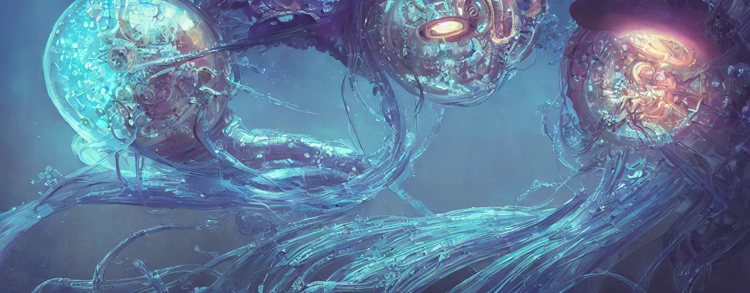 Image similar to Panorama hyper detailed painting of a cyberpunk jellyfish, blue tones, underwater, 8 mm, highly detailed, digital painting, artstation, concept art, smooth, sharp focus, illustration, art by artgerm and greg rutkowski and alphonse mucha