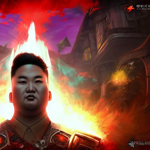 Image similar to portrait of kim - jong un as a spellcaster, league of legends amazing splashscreen artwork, gears of war, propaganda, sovjet, splash art, natural light, elegant, photorealistic facial features, intricate, fantasy, detailed face, atmospheric lighting, anamorphic lens flare, cinematic lighting, league of legends splash art, hd wallpaper, ultra high details by greg rutkowski