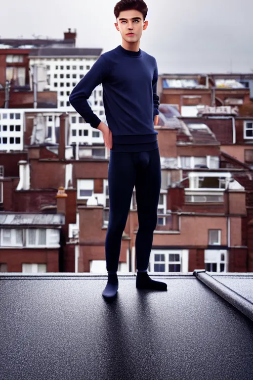 Image similar to un ultra high definition studio quality photographic art portrait of a young man standing on the rooftop of a british apartment building wearing soft padded silver pearlescent clothing. three point light. extremely detailed. golden ratio, ray tracing, volumetric light, shallow depth of field. set dressed.