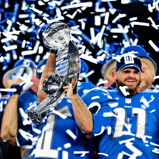 Image similar to detroit lions win the lombardi trophy, confetti, 8 k sports photography