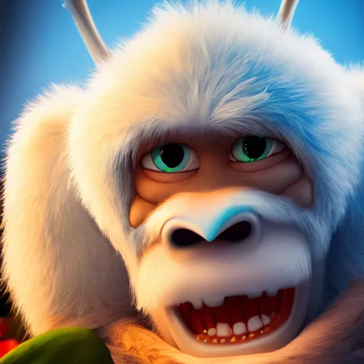 Prompt: movie poster illumination 3 d animated film about a yeti by illumination, halle bailey, wlop, loish, illumination, high res render, 8 k hyperrealistic, hyperdetailed, beautiful lighting, gradient background, depth of field, symmetrical face, rendered in octane, artstation, 3 d