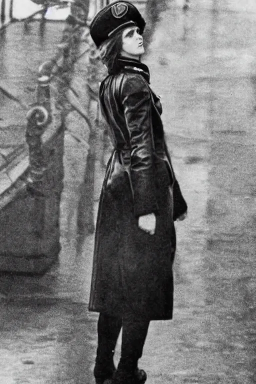 Prompt: photograph of soviet commissar, comrade emma watson, standing in a long leather coat, vintage revolution photograph, famous photo from kgb archives