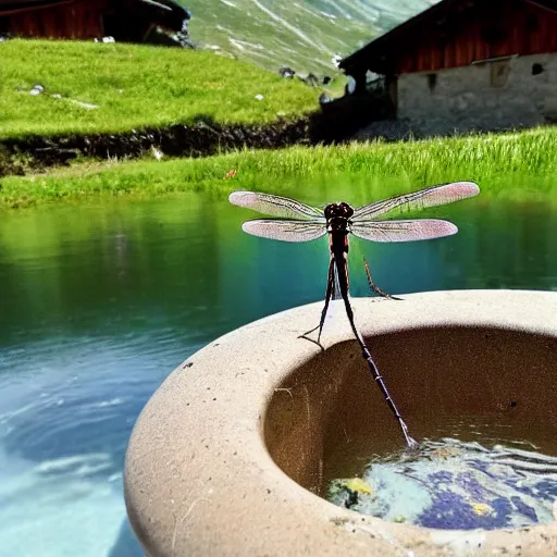 Image similar to dragonfly in a bathtub in the alps, goats!! in background