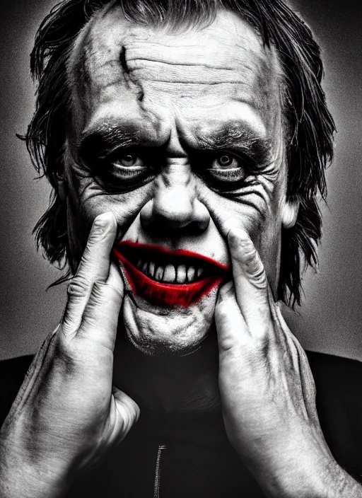 Image similar to photo of Mark Hamill as the Joker by Lee Jeffries and Eolo Perfido, bigsmile, detailed, award winning, Sony a7R