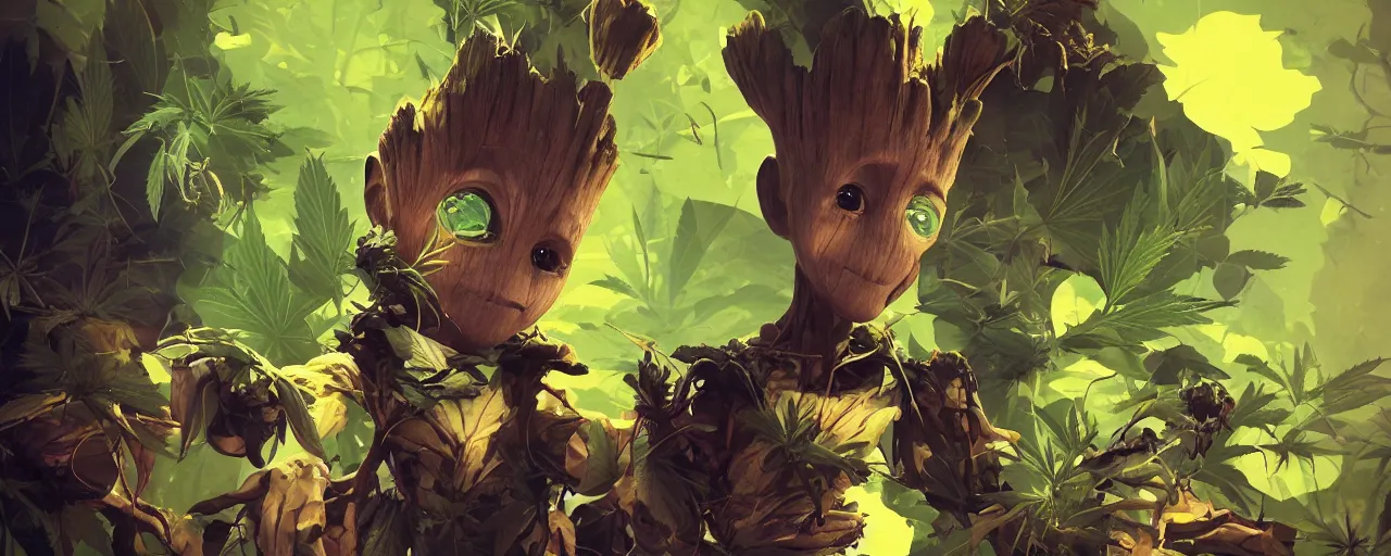 Image similar to duotone concept illustration 3 / 4 portrait of baby groot wearing cannabis hat, hemp, marijuana!, cinematic volumentric lighting, jim cheung, david marquez, mike deodato jr, ilya kuvshinov, makoto shinka, behance hd by jesper ejsing, by rhads, hyper detailed, octane render, concept art, artstation