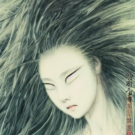 Image similar to yoshitaka amano blurred and dreamy realistic illustration of a japanese woman with black eyes, wavy white hair fluttering in the wind wearing elden ring armor with engraving, abstract patterns in the background, satoshi kon anime, noisy film grain effect, highly detailed, renaissance oil painting, weird portrait angle, blurred lost edges, three quarter view