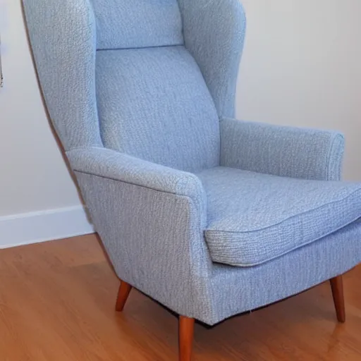 Image similar to a soft comfortable long chair, birch wood, tall, mid century modern, with an antique blue cotton ottoman