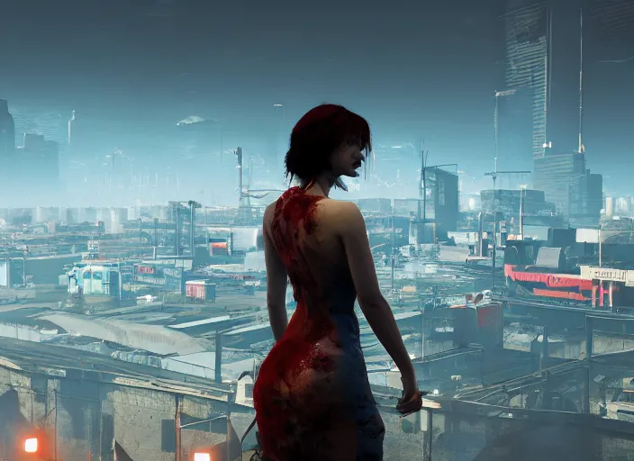 Prompt: mysterious sad rotten girl wrapped in smoke and a red dress is observing a big industrial city metropoli in the distance, cloudy sky, cyberpunk 2 0 7 7