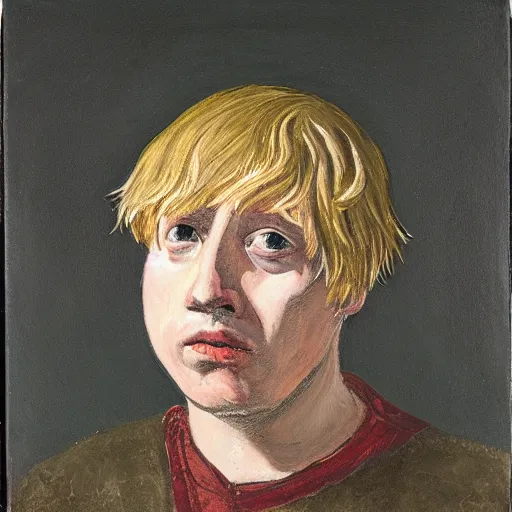 Prompt: boris johnson as a peasant from 1 2 th century england, exhibited in the british museum, oil on canvas, art, restored painting