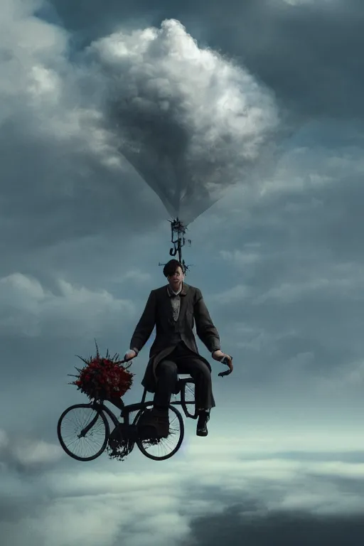 Prompt: A fancy portrait of a happy man flying in the sky on his bicycle in the clouds, perfect expression, Greg Rutkowski, Sung Choi, Mitchell Mohrhauser, Maciej Kuciara, Johnson Ting, Maxim Verehin, Bloodborne, 8k photorealistic, volumetric lighting, HD, high details, dramatic, dark atmosphere, trending on artstation