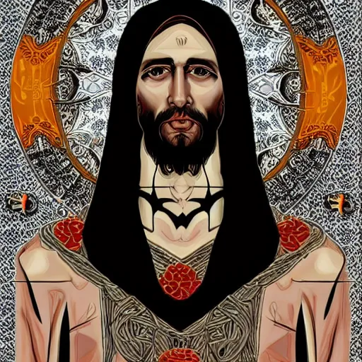 Image similar to blooded jesus christ on mayheim crosses with taliban. symmetrical anatomy, very intricate, digital design, perfect details, pop punk art style, colorful, accompanied by body, pure image without duplication, dribble popular, trending on arstation, drawn by ilya kuvshinov and vinicius gud and gustavo zambelli, intricate, ultra high definition.