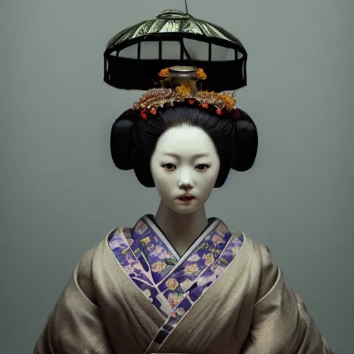 Image similar to portrait of a geisha porcelain doll, fractal, intricate, elegant, highly detailed, digital photography, subsurface scattering, by jheronimus bosch and james jean and greg rutkowski,