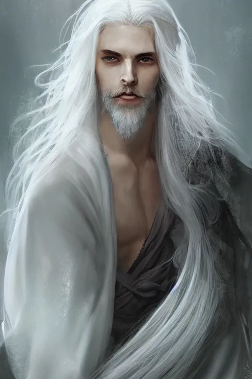 Image similar to white haired robe fu xi full male front body portrait, very long white beard and hair, long hair shawl, fine kindness delicate prefect face features gaze, piercing eye, elegant, style of tom bagshaw, cedric peyravernay, peter mohrbacher, victo nga, 4 k hd illustrative wallpaper, animation style, chinese style