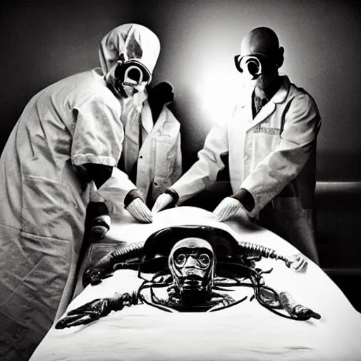 Prompt: an alien autopsy, realistic, vintage, grainy, old style photo, sepia, dark, medical lighting, masked doctors