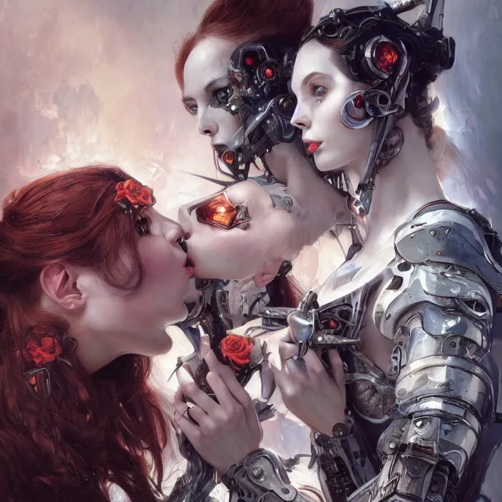 Image similar to portrait of two beautiful pale gothic cyborg maidens kissing, warhammer 40000, cyberpunk, intricate, elegant, highly detailed, digital painting, artstation, concept art, smooth, sharp focus, illustration, art by artgerm and greg rutkowski and alphonse mucha