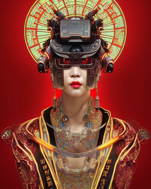 Image similar to portrait of a chinese cyberpunk machine, machine face, robed, upper half portrait, decorated with chinese opera motifs regal asian machine robot cyberpunk fine china, wuxia, traditional chinese art intricate intense elegant highly detailed digital painting artstation concept art smooth sharp focus illustration, art by artgerm and greg rutkowski alphonse mucha 8 k