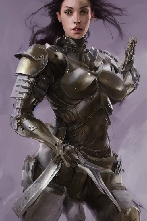 Image similar to a professionally painted portrait of an attractive young woman, clothed in military armor, olive skin, long dark hair, beautiful bone structure, symmetrical facial features, intricate, elegant, digital painting, trending on Artstation, concept art, smooth, sharp focus, illustration, from Metal Gear by Ruan Jia and Mandy Jurgens and Artgerm and William-Adolphe Bouguerea, award winning