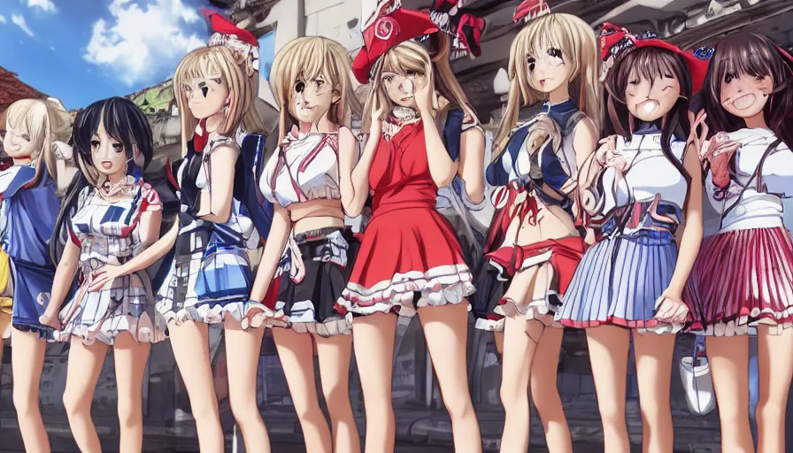 Image similar to waldo hiding amongst a group of cute anime girls in short miniskirts, lightly dressed, ultra detailed digital art, hyper real, detailed, closeup shot, ultra detailed