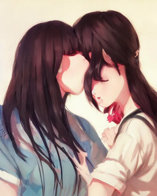 Kiss of two girls in love anime style. Generative AI Content. Stock  Illustration