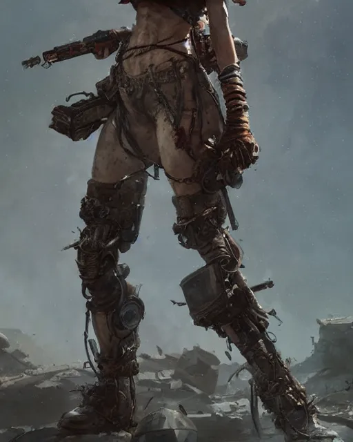 Image similar to hyper realistic photo of postapocalyptic nomad cyborg girl, full body, cinematic, artstation, cgsociety, greg rutkowski, james gurney, mignola, craig mullins, brom