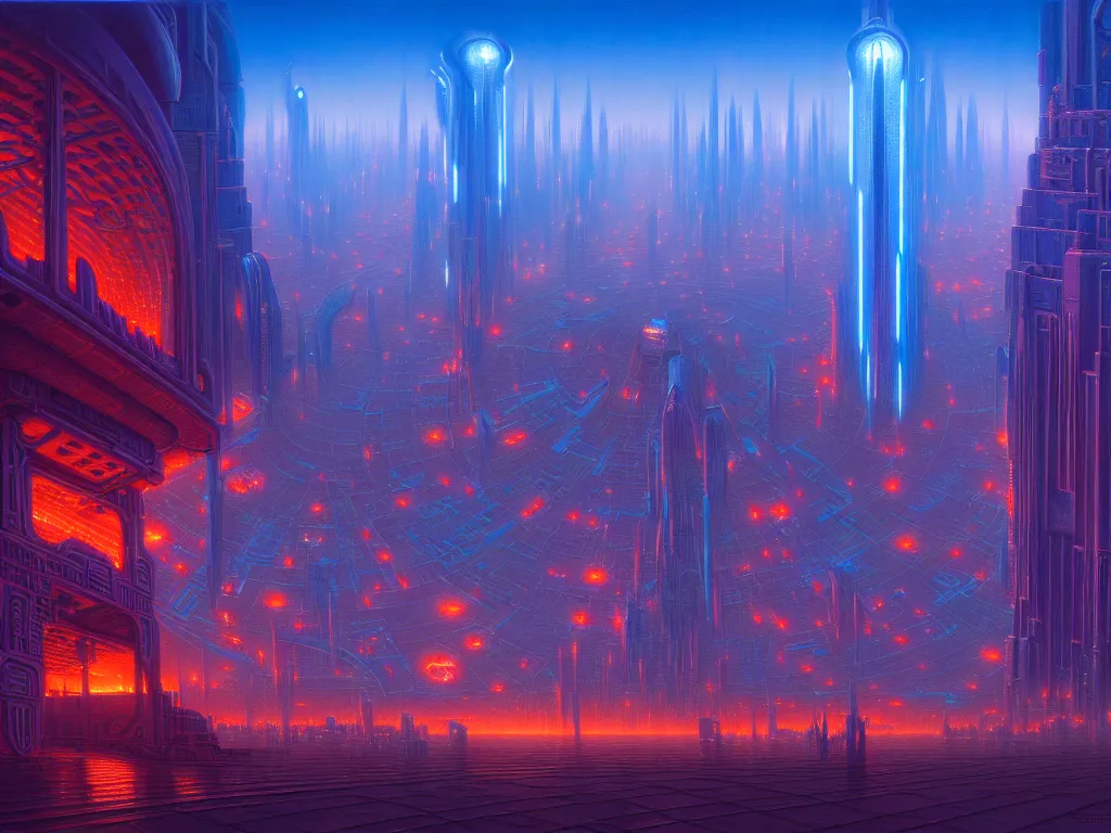 Prompt: radial architecture, blue glowing hyperfuturistic city, tim hildebrandt, bruce pennington, wayne barlowe, donato giancola, trending on artstation, cinematic composition, beautiful lighting, hyper detailed, 8 k, oil on canvas