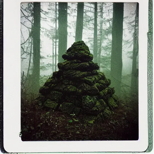 Image similar to a mossy rock pyramid in the middle of a forest clearing, foggy, eerie, creepy, unsettling, lost footage, old polaroid, expired film,