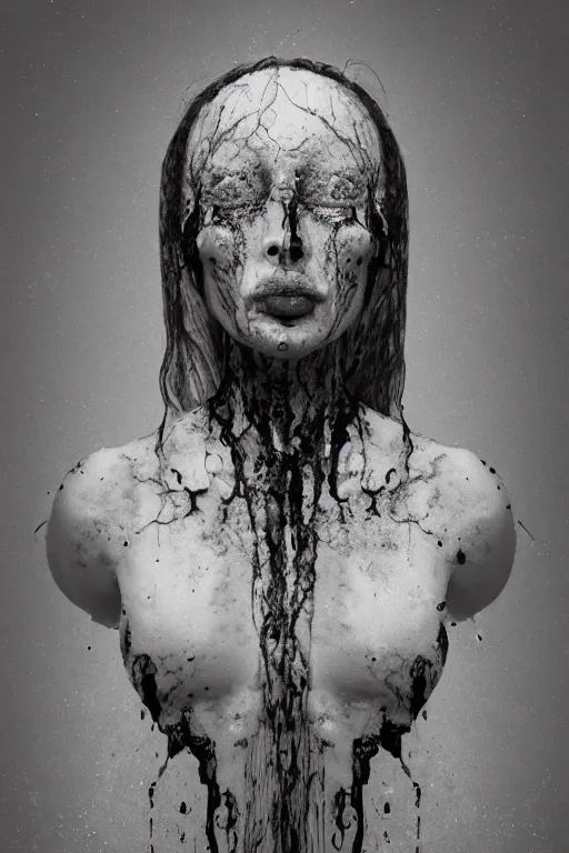 Prompt: Hyper realistic film photography of Goddess of death with melting face, dark desaturated, ultra super good realistic 3D render by pete morbacher and Emil Melmoth, Trending on Artstation, 8k