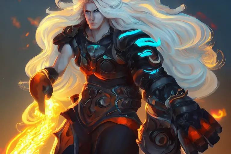 Image similar to Digital art of Lucius with fluffy curly blond hair, wreathed in scintillating flames Genetically engineered super soldier in a scorched land with a black roiling sky. Epic artstation league of legends splash art