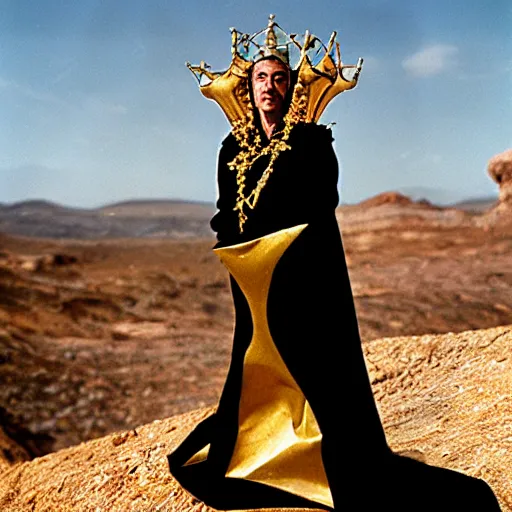 Prompt: salvador dali wearing a black costume with jewels and golden crown, in a dry rocky desert landscape, visible sky and sunny atmosphere, fata morgana film still from the movie by alejandro jodorowsky with cinematogrophy of christopher doyle and art direction by hans giger, anamorphic lens, kodakchrome, very detailed photo, 8 k