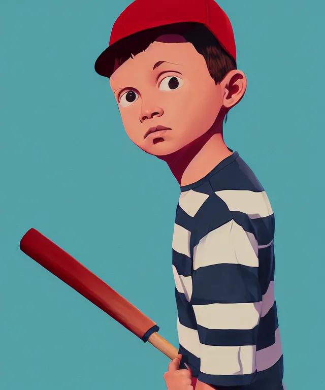 Image similar to a young boy wearing a horizontal striped shirt and a red baseball cap and jean shorts, holding a baseball bat, digital painting, artstation, concept art, sharp focus, octane render, illustration, art by tomer hanuka,