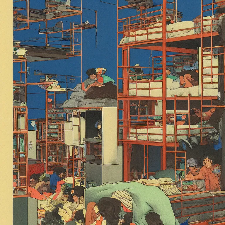 Image similar to workers exploited, living in hostels with bunk beds stacked on top of one another, by kawase hasui, moebius and edward hopper, colorful flat surreal design, hd, 8 k, artstation